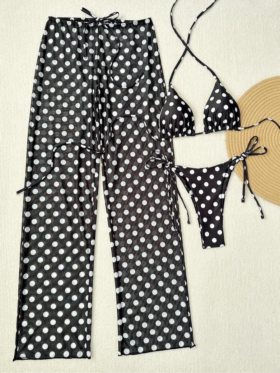 Light Blue Polka Dots Triangle Bikini Set With Beach Pants