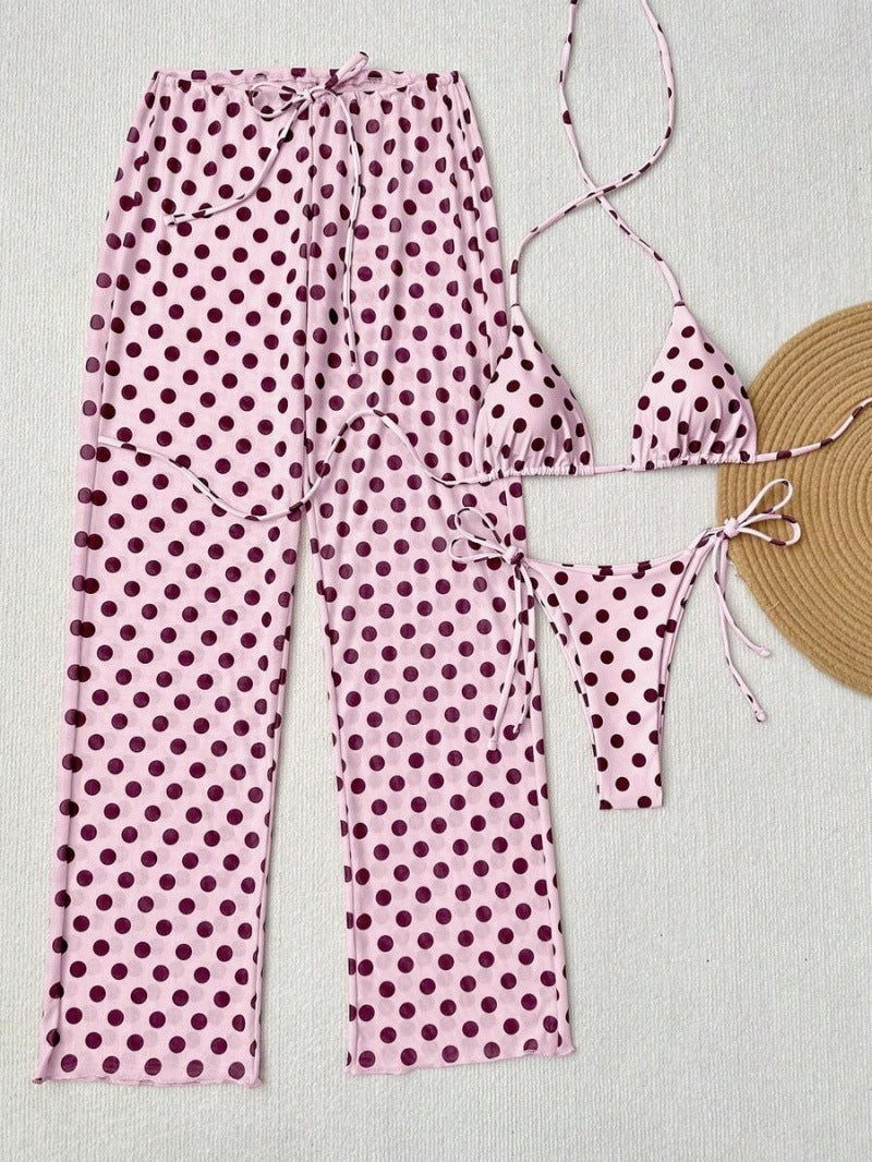 Light Blue Polka Dots Triangle Bikini Set With Beach Pants