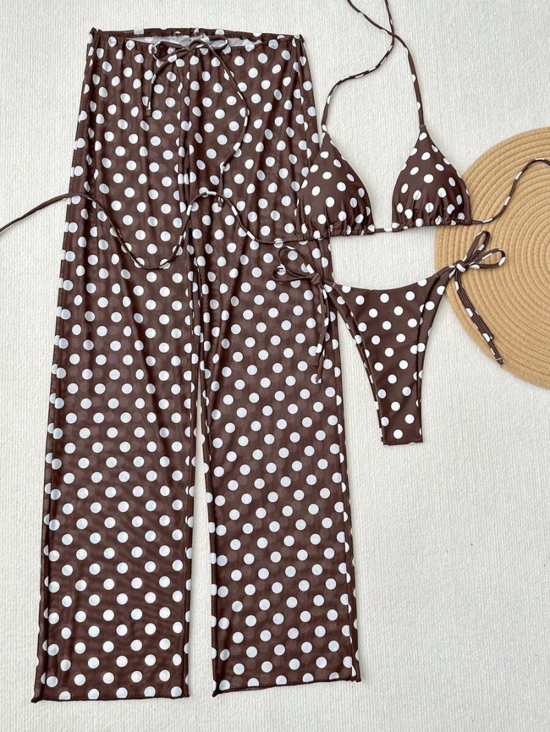 Light Blue Polka Dots Triangle Bikini Set With Beach Pants