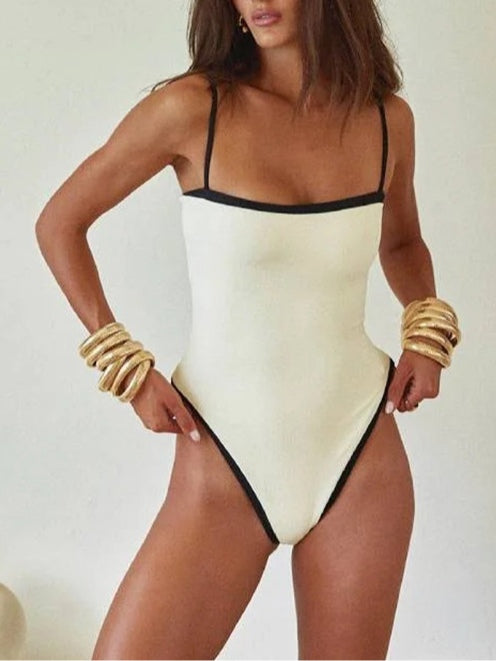Minimalist Black-and-White Two-Tone Chanel-Style One-Piece Swimsuit