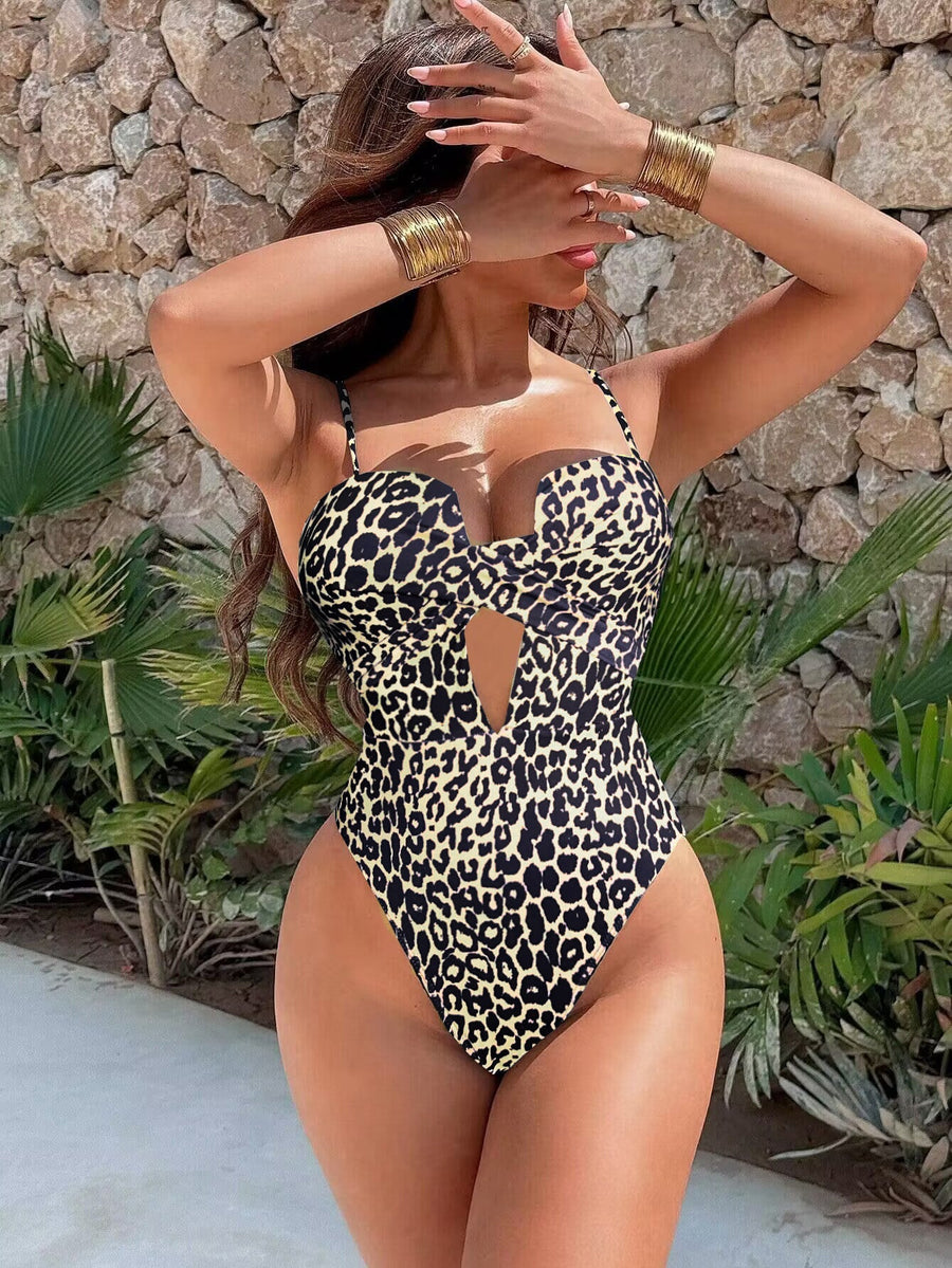 Solid-Color Vertical-Striped Openwork Tie-Side One-Piece Swimsuit