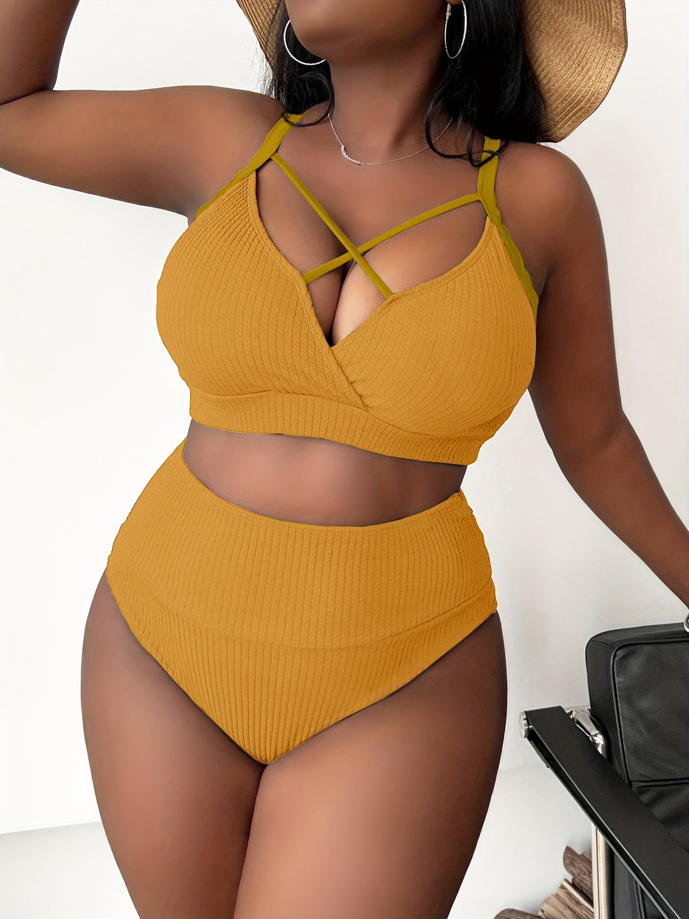 Sexy Plus-Size Solid-Color Spaghetti-Strap High-Waisted Bikini