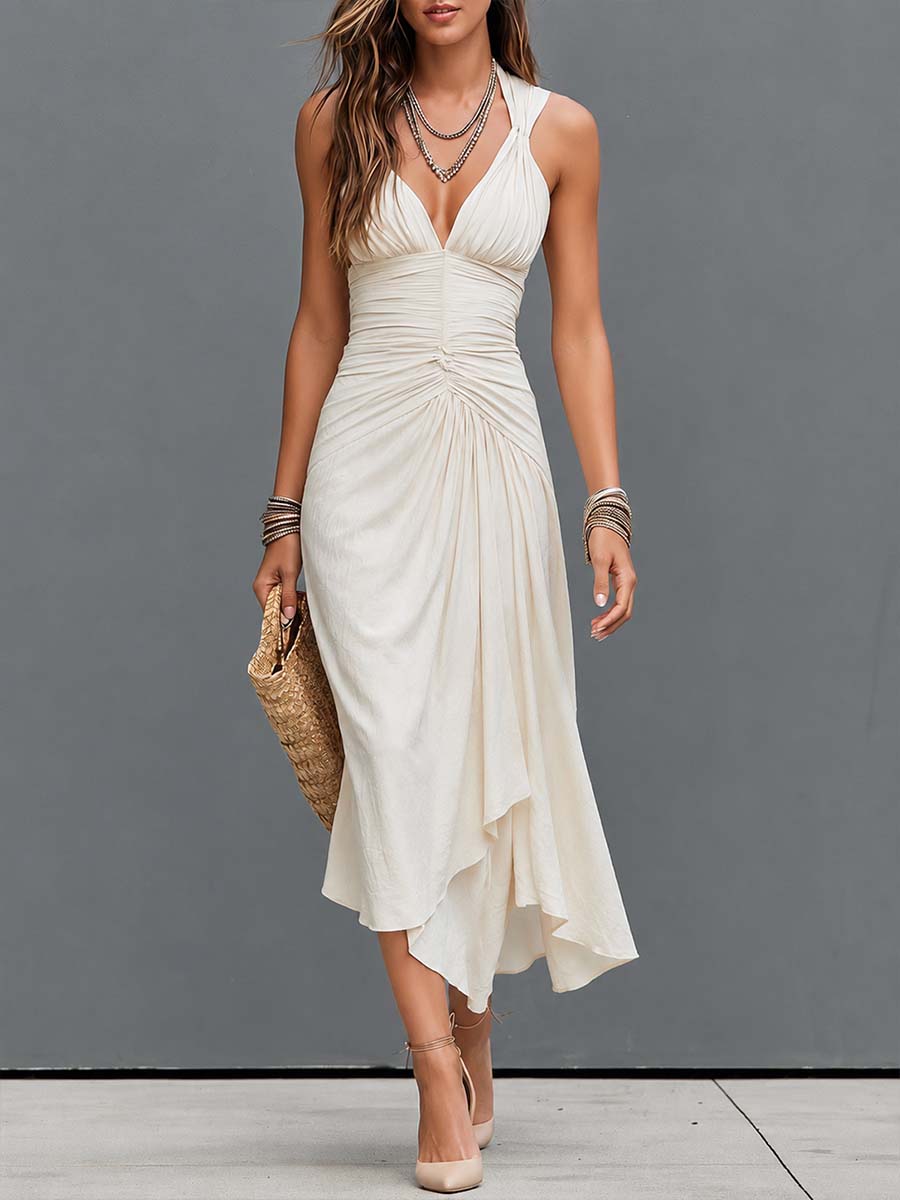 Boho Ruched Deep V Halter Asymmetric Midi Dress
