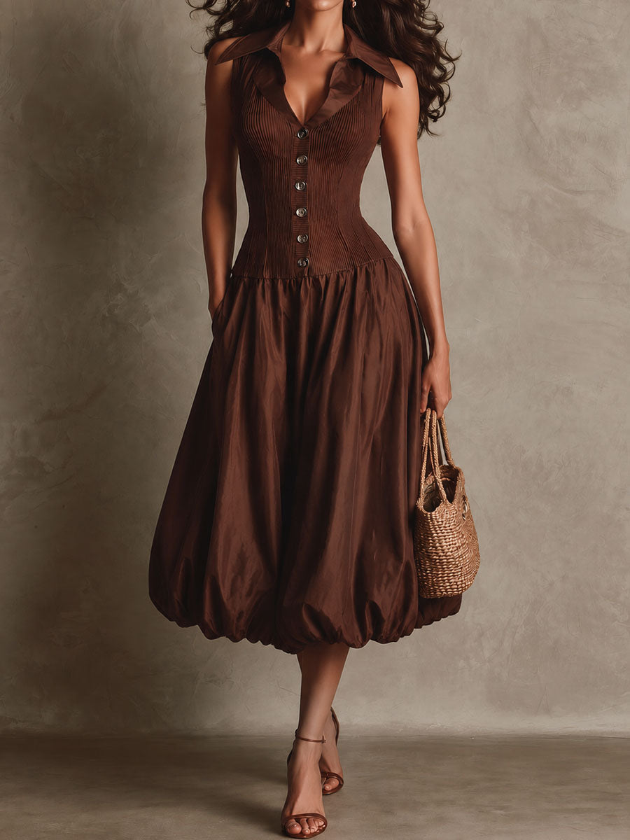 Retro Brown Collar Ribbed Button Front Pocket Bubble Hem Midi Dress