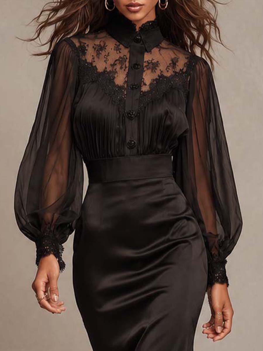 Elegant Gothic Vintage Lace Mesh Puff Long Sleeve Satin Mermaid Midi Dress