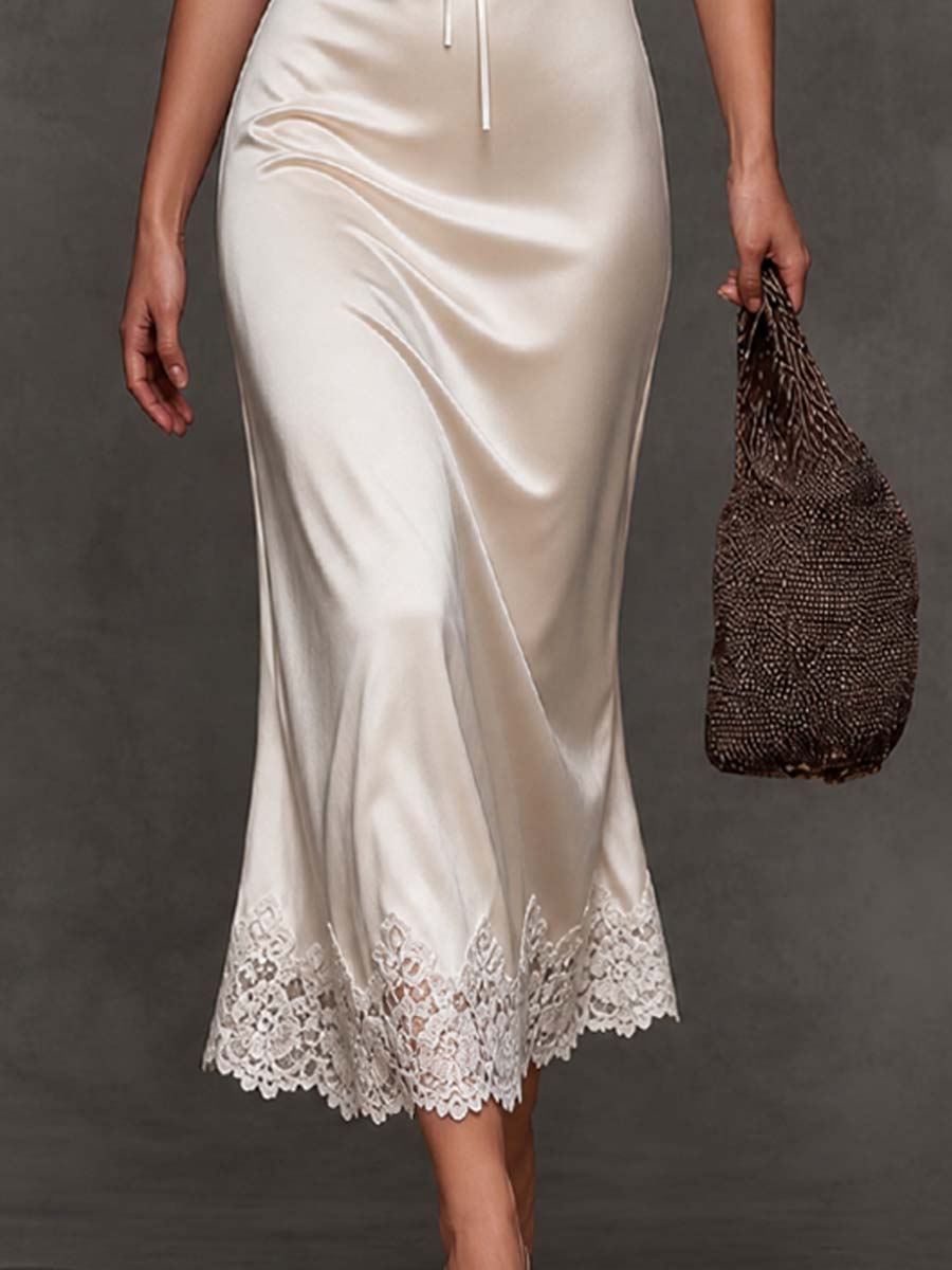 Elegant Vintage Tie Keyhole Lace Trim Short Sleeve Satin Midi Slip Dress