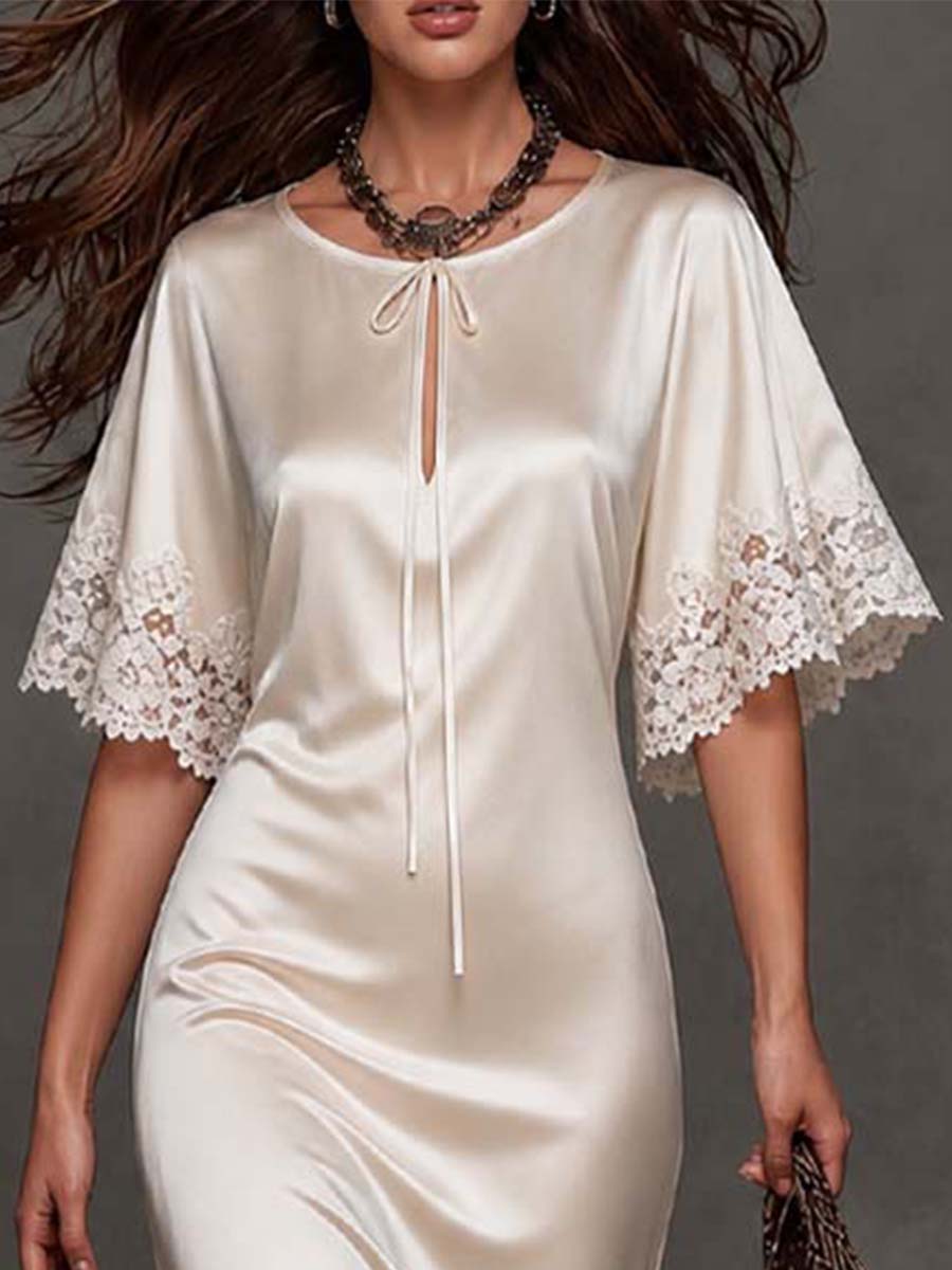 Elegant Vintage Tie Keyhole Lace Trim Short Sleeve Satin Midi Slip Dress