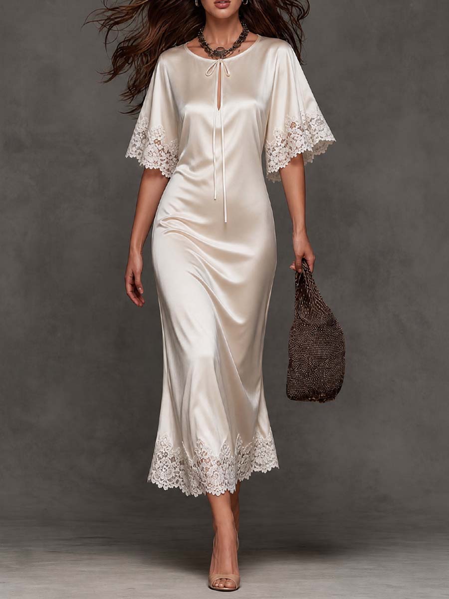 Elegant Vintage Tie Keyhole Lace Trim Short Sleeve Satin Midi Slip Dress