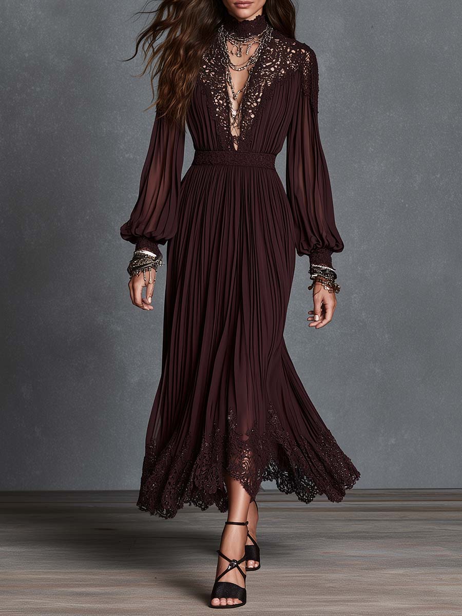 Boho Lace-Trim Deep V Pleated Bishop Sleeve Midi Dress