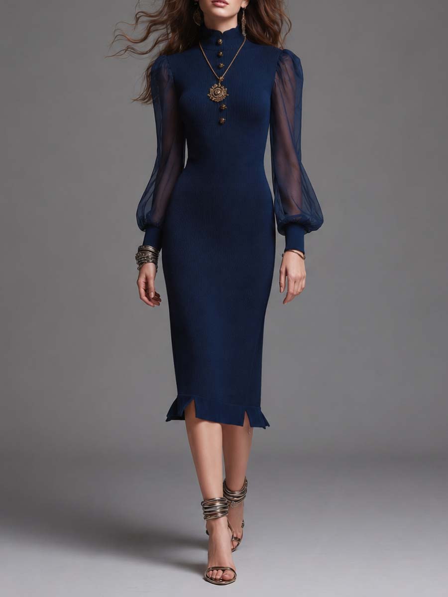 High Neck Half Button Contrast Sheer Chiffon Puff Sleeve Ruffle Hem Ribbed Knit Midi Dress