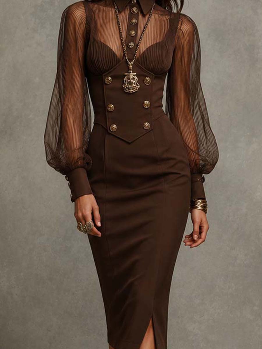 Collared Half Placket Stripe Mesh Puff Sleeve Double Breasted Button Front Slit Hem Midi Bodycon Dress