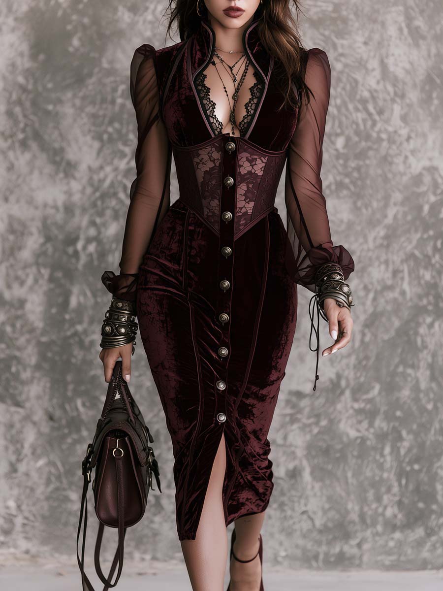 Vintage-style Lace Corset Waist Polyester Velvet Midi Dress