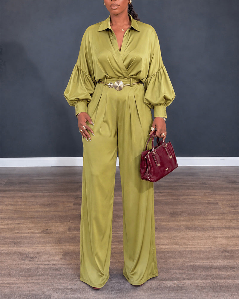 Women's Two Piece Satin Outfit Turn-down Collar Wrap Crop Shirt and Wide Leg Pants Set Elegant Matching Set