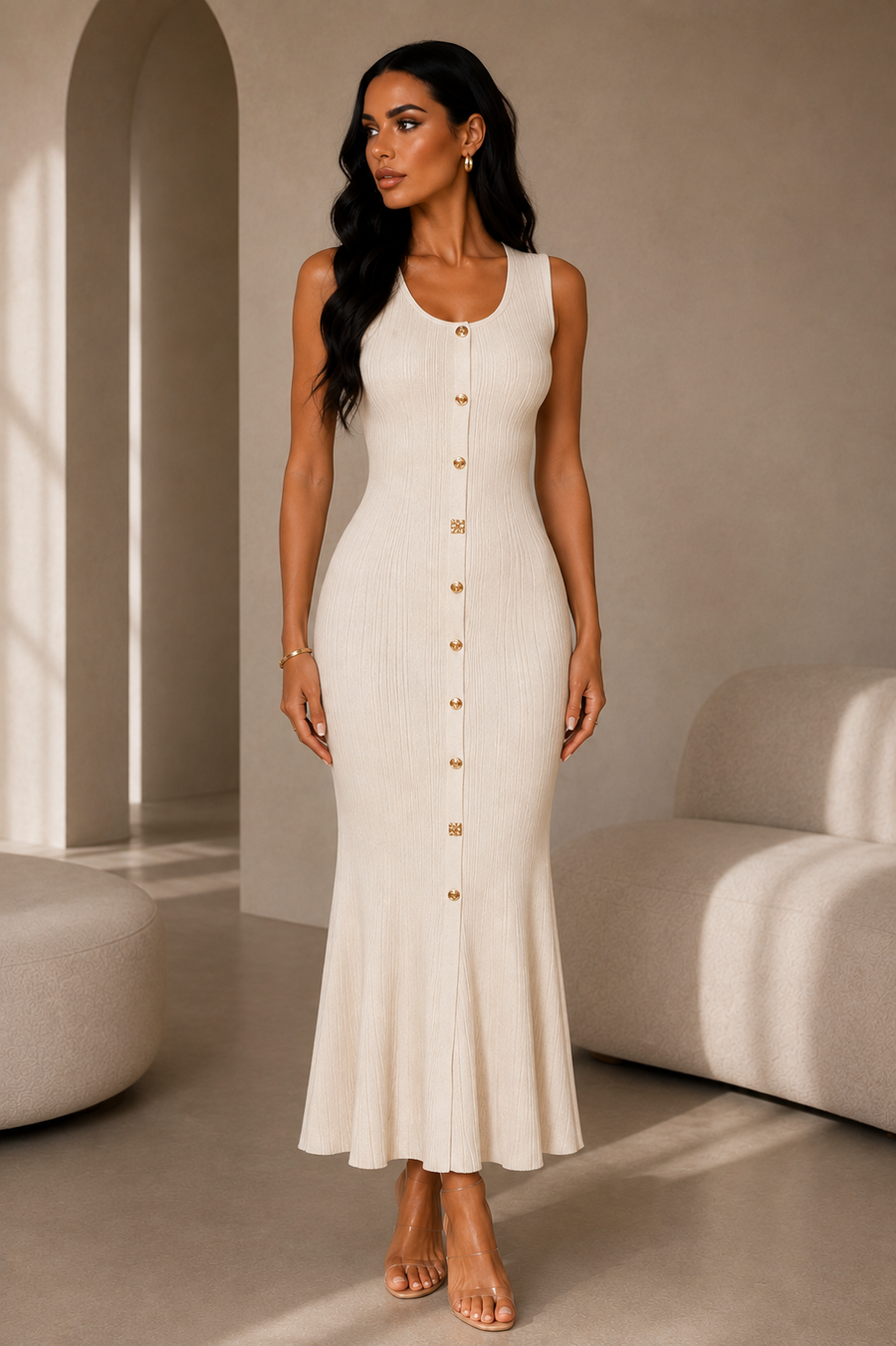 Alessia - The gold button knit midi dress