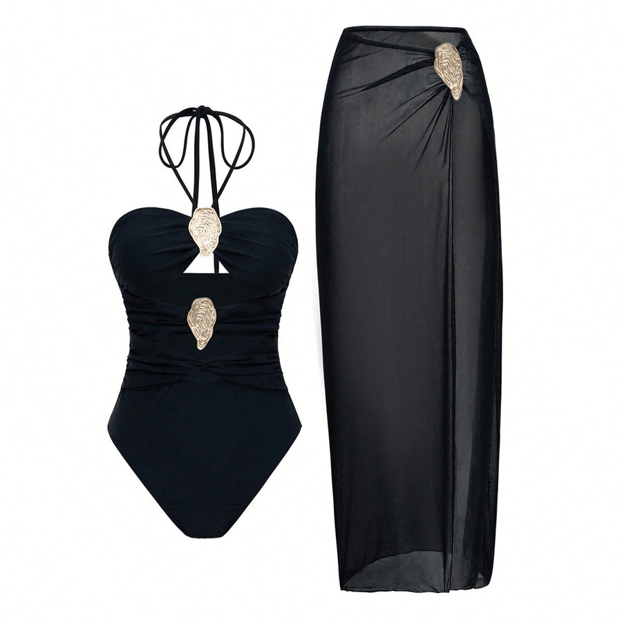 Women's Halter-Neck One-Piece Swimsuit with Hot Spring Wrap Skirt Set