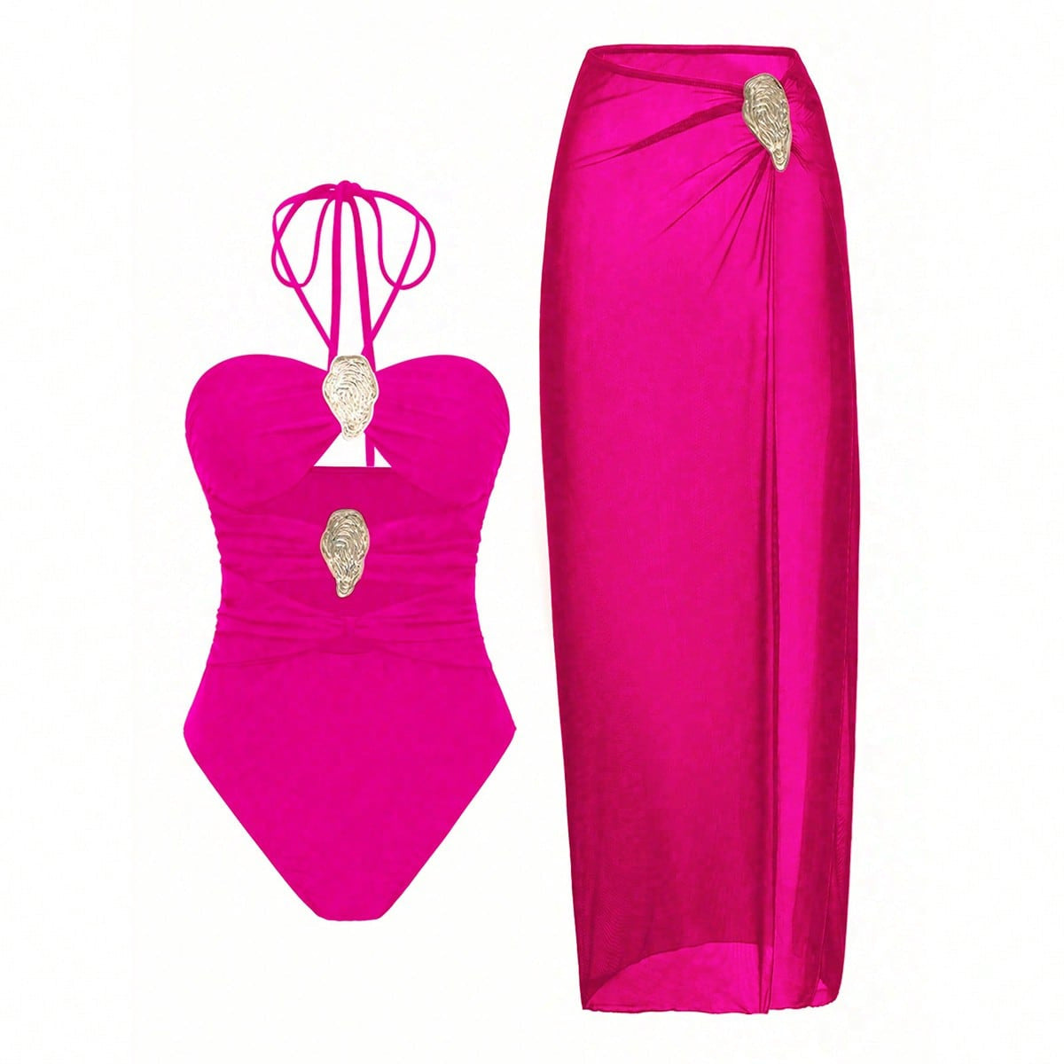 Women's Halter-Neck One-Piece Swimsuit with Hot Spring Wrap Skirt Set
