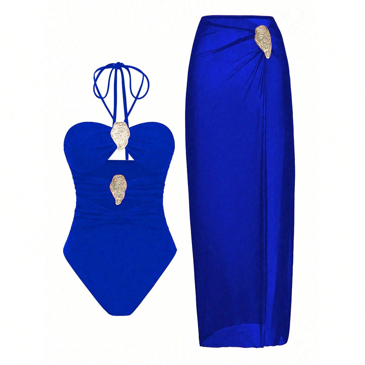 Women's Halter-Neck One-Piece Swimsuit with Hot Spring Wrap Skirt Set