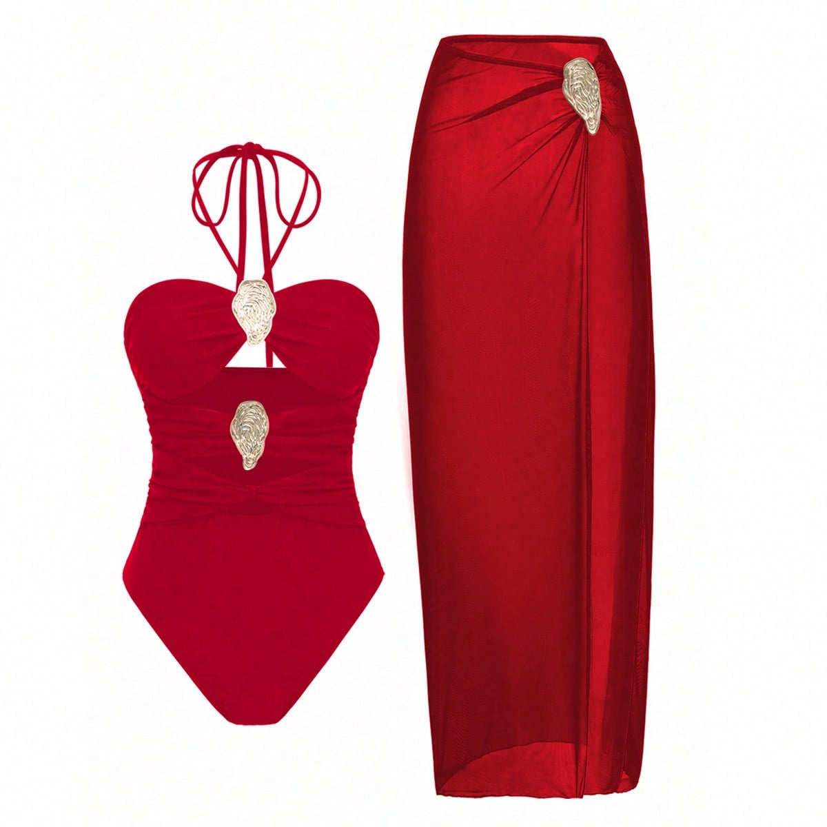 Women's Halter-Neck One-Piece Swimsuit with Hot Spring Wrap Skirt Set