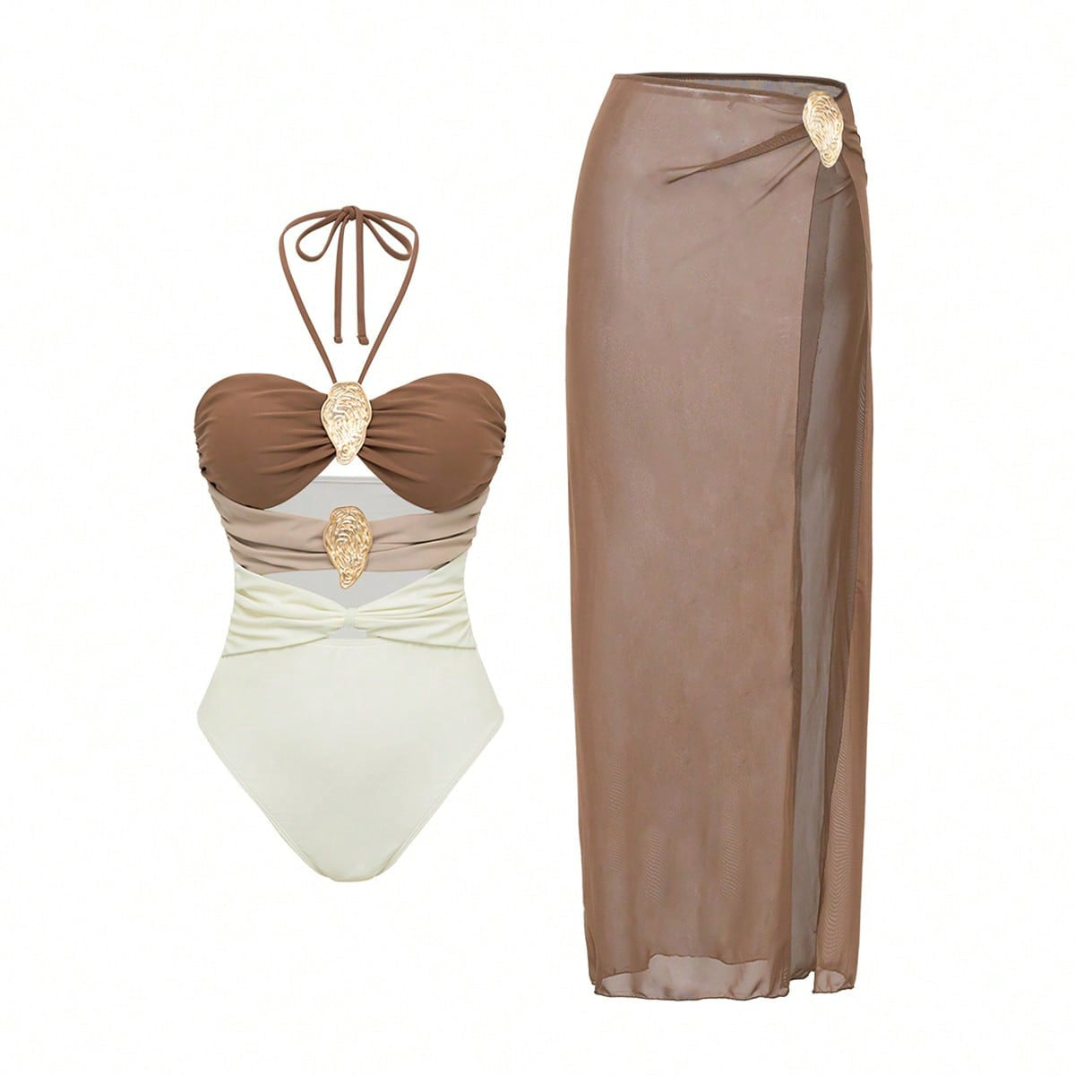 Women's Halter-Neck One-Piece Swimsuit with Hot Spring Wrap Skirt Set