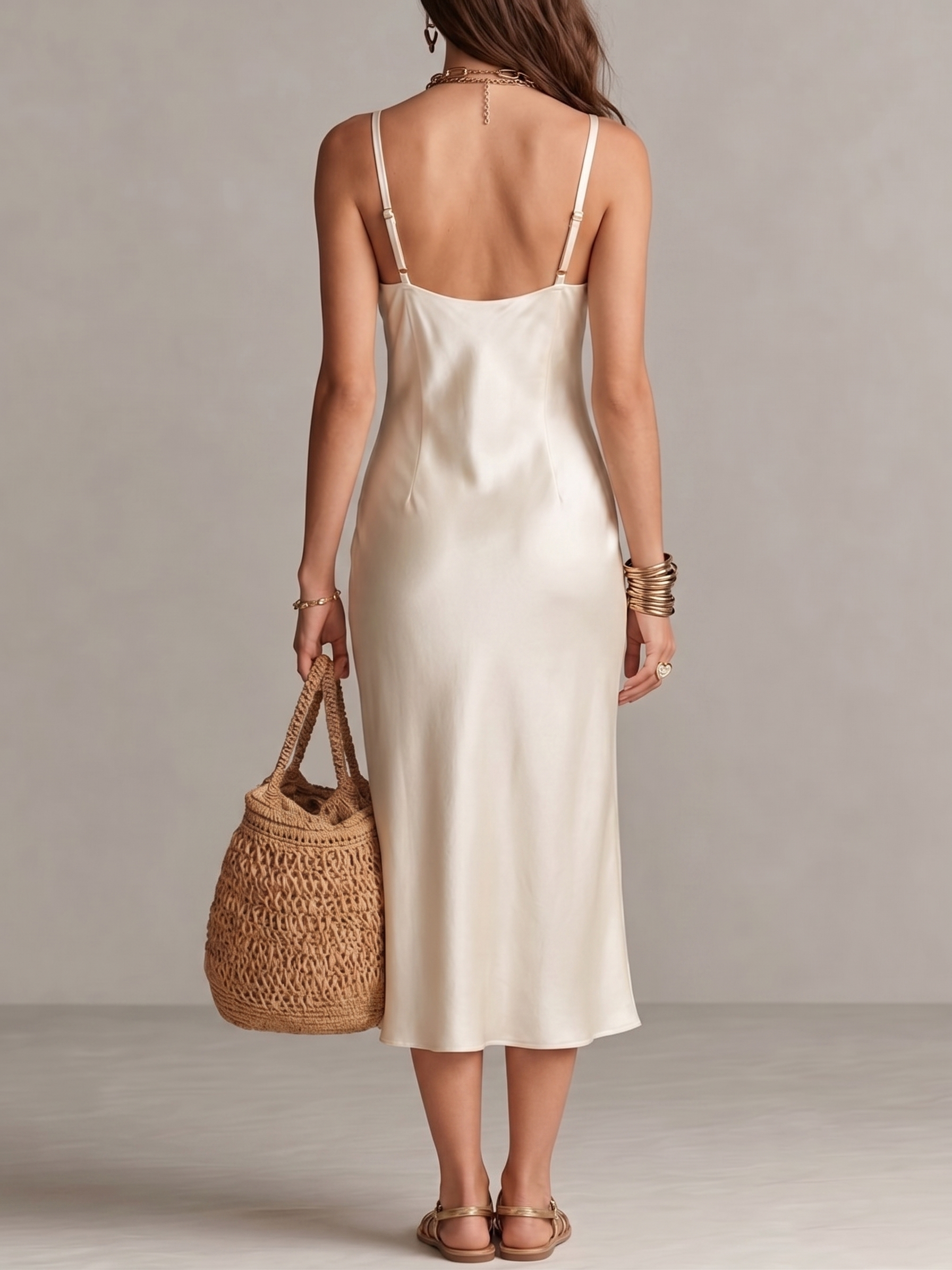 Elegant Layered Dress Set Featuring A Blue Floral-print Blazer And A Beige Satin Dress