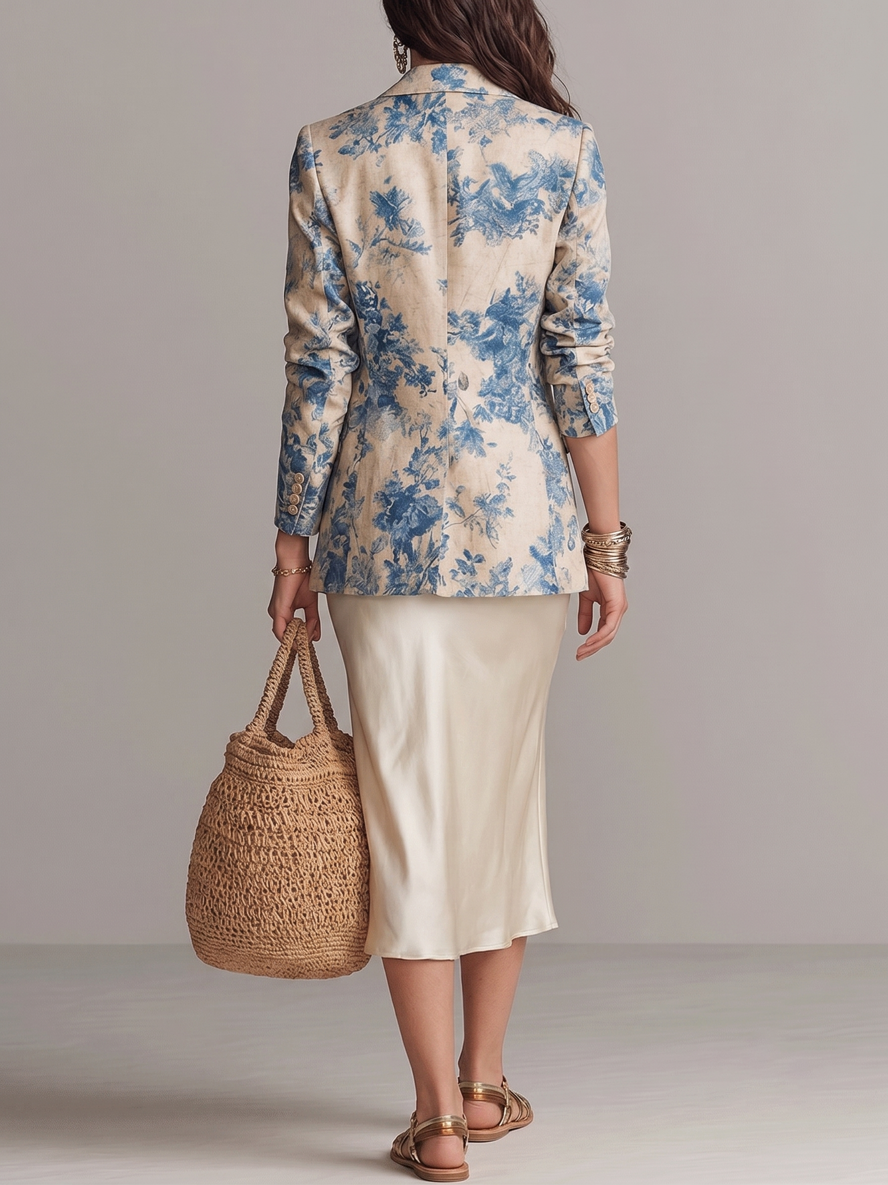 Elegant Layered Dress Set Featuring A Blue Floral-print Blazer And A Beige Satin Dress