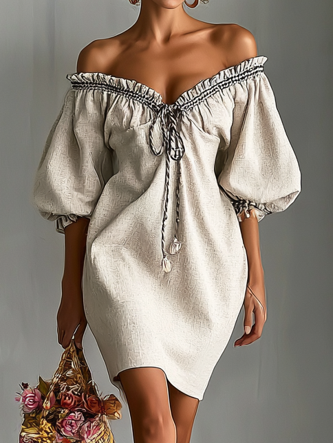 Off-Shoulder Loose-Fit Straight-Cut Linen Mini Dress